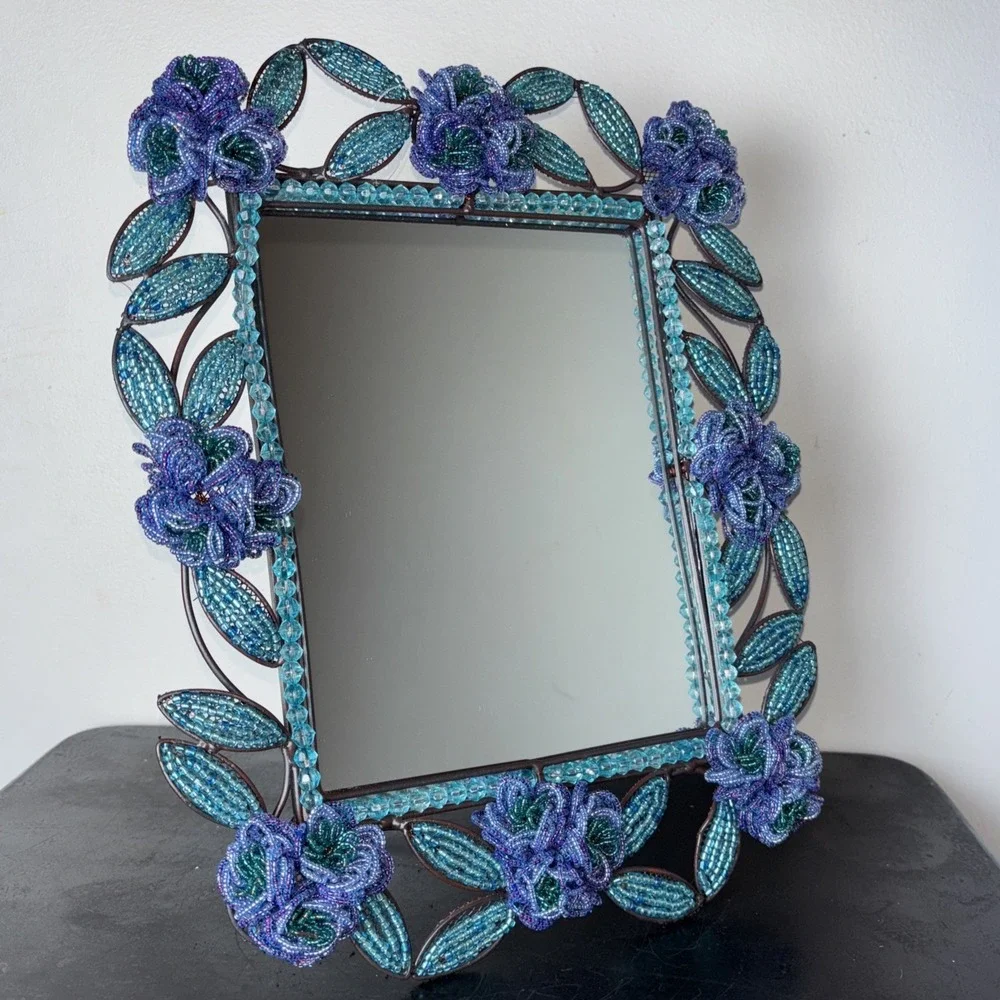 Wrought Iron Wired Floral Bead/Beading Easel Back Vanity Tabletop Mirror